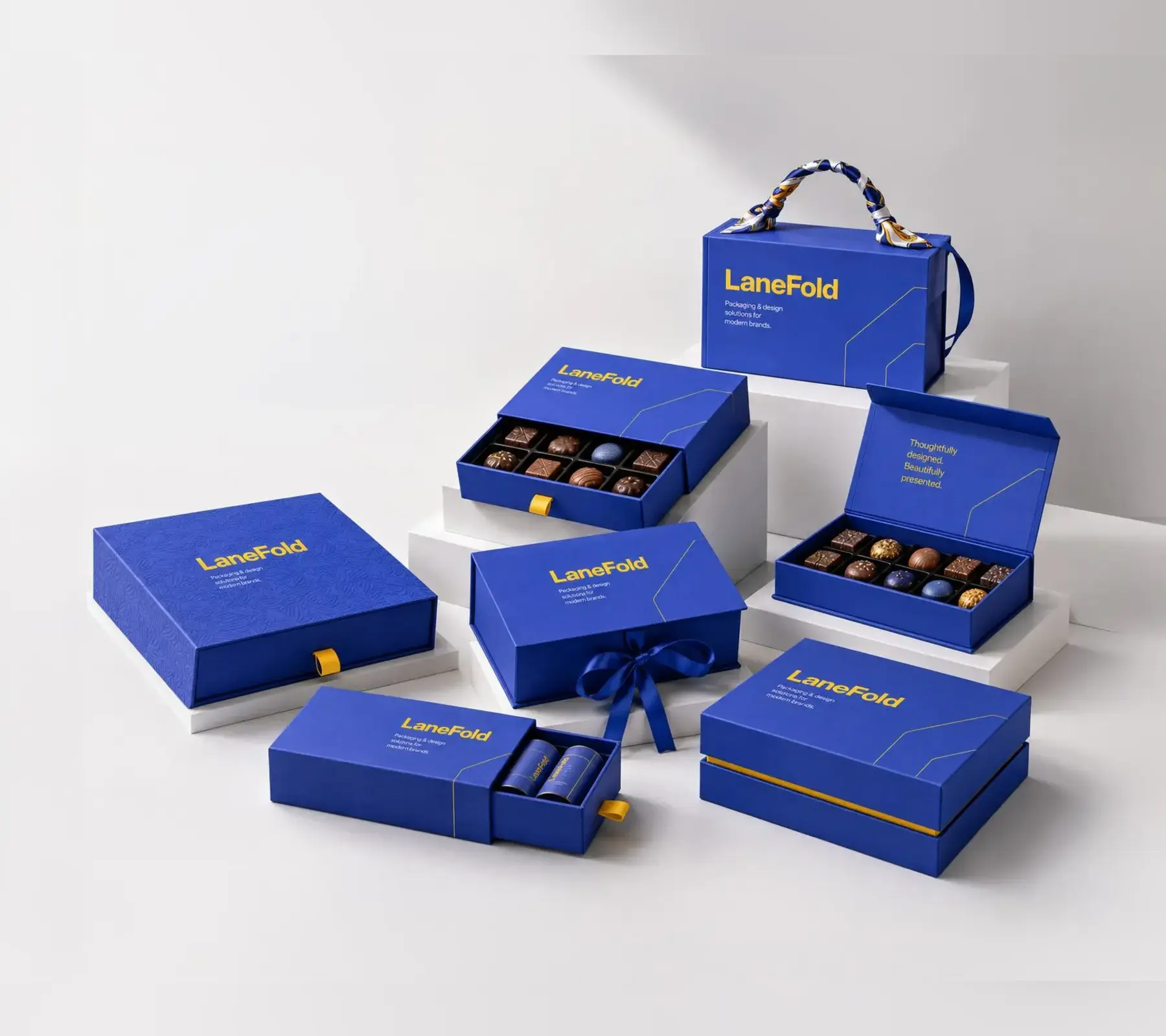 A stepped display of blue LaneFold gift boxes, drawer boxes and a ribbon-handled carrier